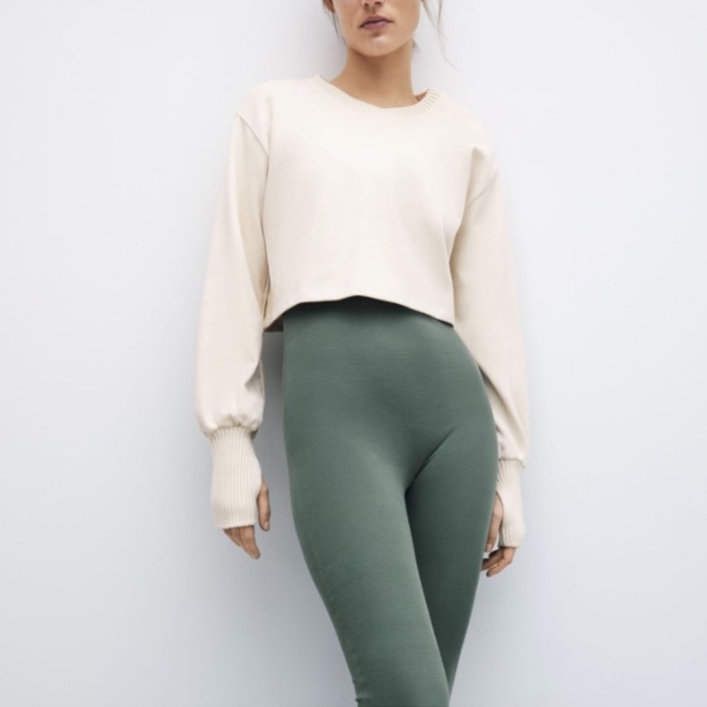 Zara Ecru Combination Cropped Ribbed Cuffs Sweatshirt Top